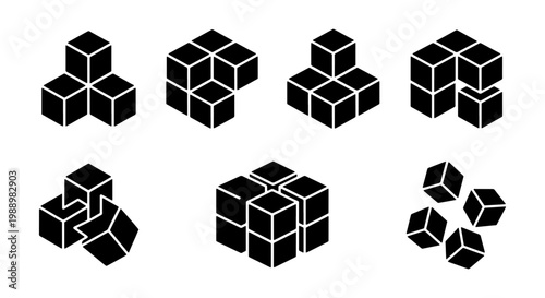 Geometric 3D cube icons set, black isometric block symbols, 7 vector square elements