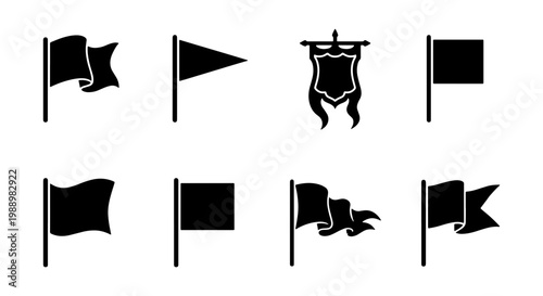 Black flag icons set, 8 minimalist pennant silhouettes, waving banner vector elements