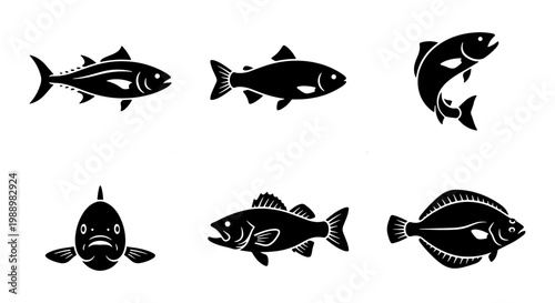 Black fish silhouette icons, 6 sea animal vector set, seafood restaurant logo elements