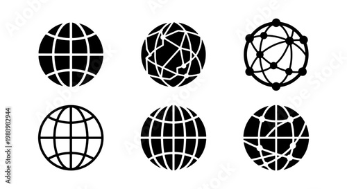 Global network icon set, 6 black globe vector symbols, world web connection graphics