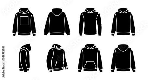 Black hoodie mockup icons, 8 sweatshirt vector templates, hooded apparel flat set