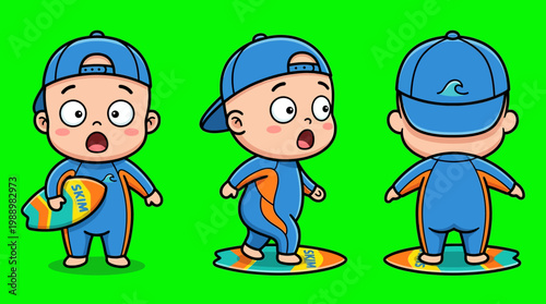Cartoon baby surfer in blue wetsuit and cap holding surfboard.