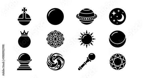 Mystical celestial icons set, magic orb and sun symbols, 12 black vector elements