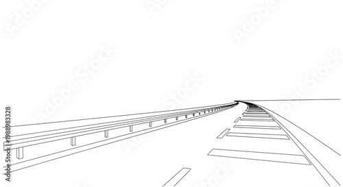 Minimalist highway perspective sketch, guardrail and road lines, white background