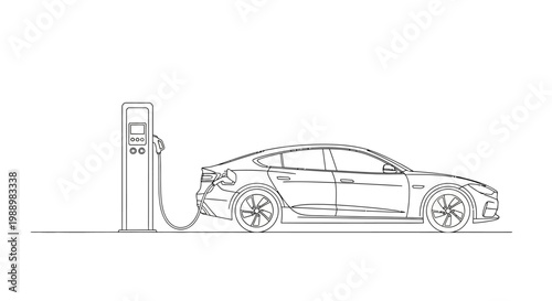 Electric Car Charging Station: Modern EV Connected to Power Outlet