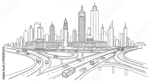 Foto Modern Cityscape Sketch with Highway Interchange and Skyscrapers