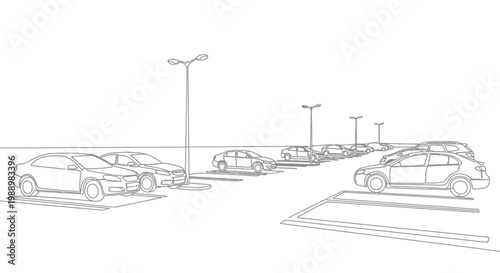 Sketch of cars parked in outdoor lot with streetlights, simple line drawing