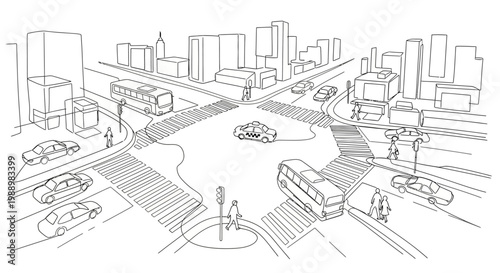 Foto Busy City Intersection Sketch: Cars, Buses, Pedestrians, and Buildings in Line A