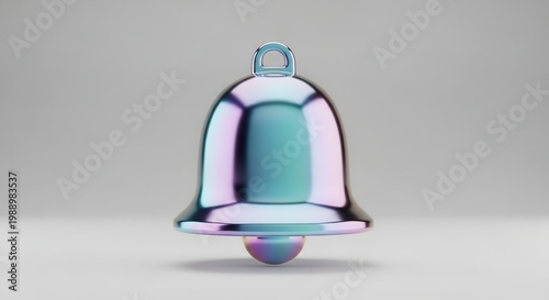 Iridescent 3D notification bell icon shimmering with holographic reflections on a sleek grey