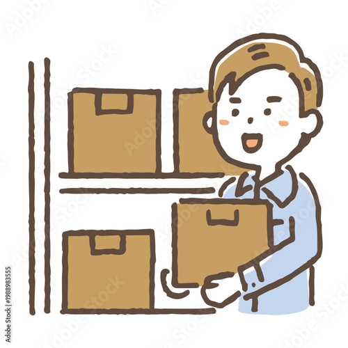 棚からダンボールをピッキングする男性作業員のイラスト。