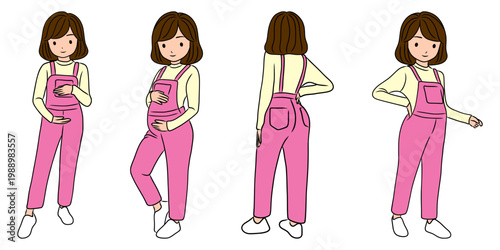 A pregnant woman poses in pink overalls, holding her Belly.