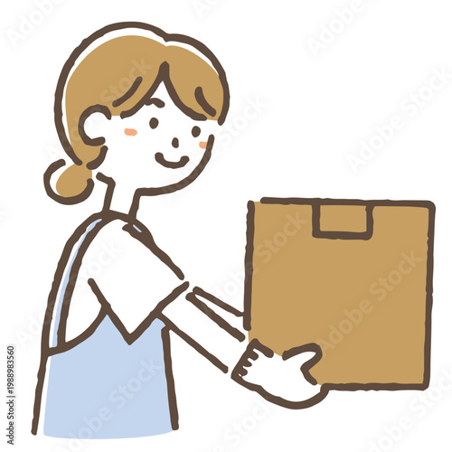 ダンボールを運ぶエプロン姿の女性のイラスト。