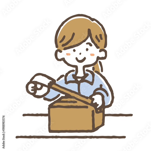 ダンボールにテープを貼り、梱包している女性作業員のイラスト。