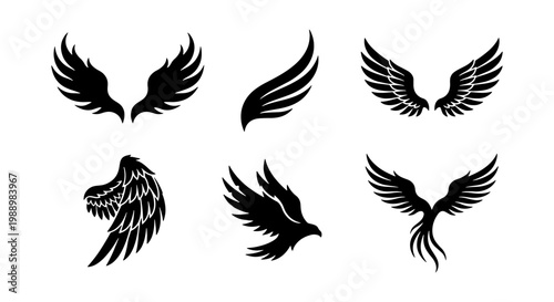 Black wing silhouettes set, 6 eagle and bird wing icons, heraldic feather vector art
