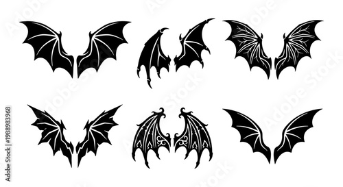 Gothic bat wings set, 6 black dragon wing vector icons, dark demon wing silhouettes