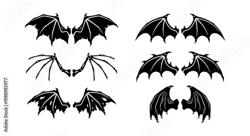 Gothic bat wings set, 6 black dragon wing silhouettes, demon wing vector icons
