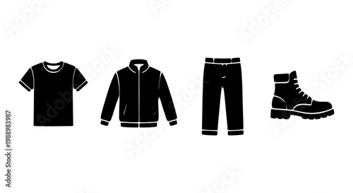Black clothing icons set, casual apparel vector silhouettes, 4 fashion garment symbols