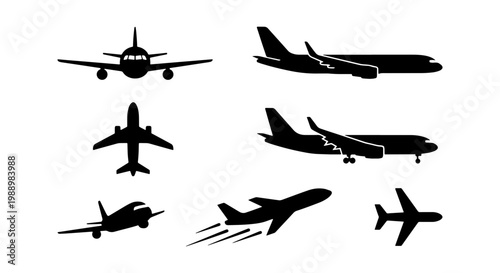 Airplane silhouette vector set, commercial aircraft icons, 7 aviation flight symbols