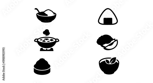 Japanese food icons set, black rice bowl and onigiri vector, Asian cuisine symbols