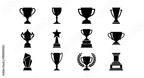 Trophy cup icon set, 12 award silhouettes, black winner prize vector collection