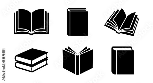 Minimalist book icon set, 6 black vector book symbols, library and education graphics