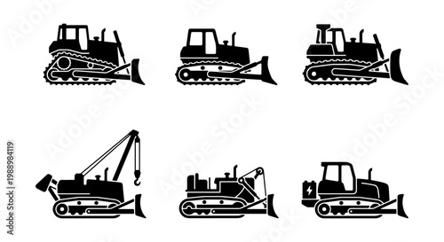 Bulldozer silhouette set, heavy construction machinery icons, 6 crawler tractor vectors