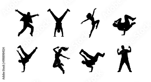 Breakdance silhouette set, urban street dancers, hip hop performer vector icons