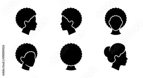 Black woman silhouette icons, afro hair profile set, female head vector illustrations
