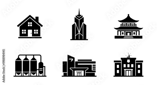 Modern building icons set, black architecture silhouettes, 6 vector city landmarks