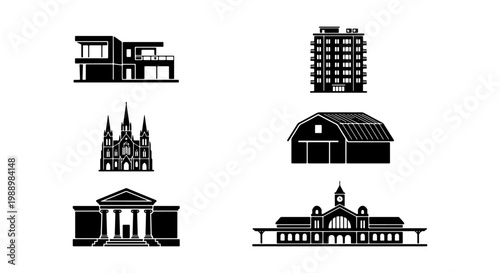 Modern building icons set, architectural silhouette collection, 6 vector house symbols