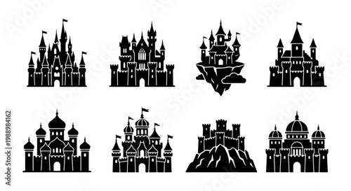 Medieval castle silhouette icons, 8 fantasy fortress vectors, royal palace silhouettes