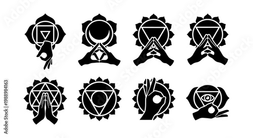 Sacred chakra mudra icons, yoga hand gestures set, spiritual meditation vector symbols