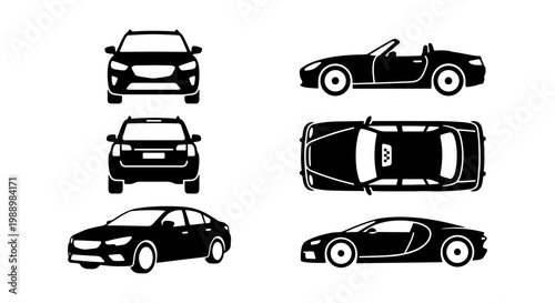 Black car icons set, vehicle silhouette collection, 6 transport vector elements