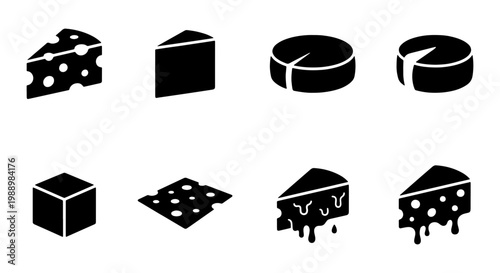 Minimalist cheese icon set, 8 black dairy food vectors, solid cheese slice and wheel