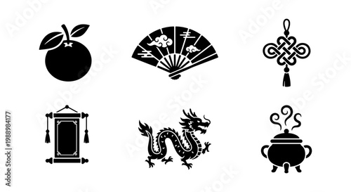Chinese New Year icons set, black dragon and oriental symbols, 6 lunar festival vectors