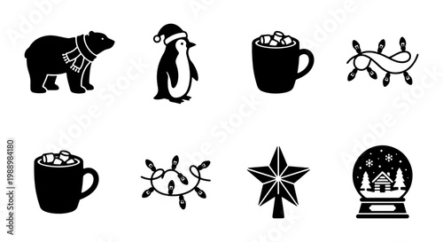 Christmas winter icons set, black holiday silhouettes, 8 vector seasonal elements