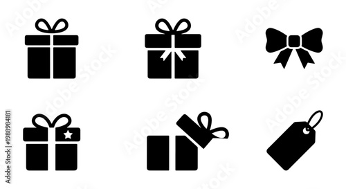 Minimalist gift box icons, black present silhouettes, 6 holiday shopping vector elements