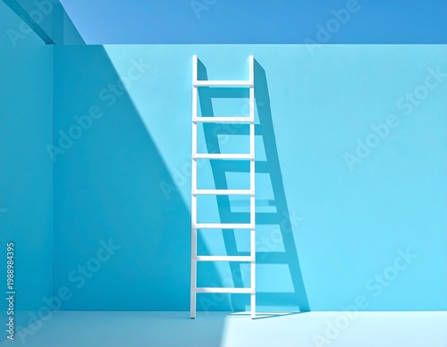 White ladder against blue wall background.