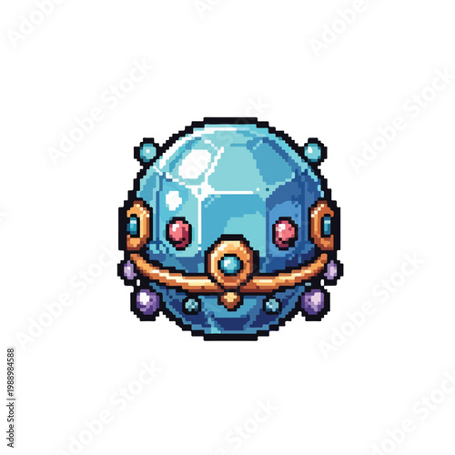 A detailed pixel art illustration of a blue spherical gemstone in an ornate golden frame with colorful jewels, resembling a fantasy RPG game item.