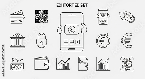 Financial Technology Icons Set Mobile Banking Security and Payments.