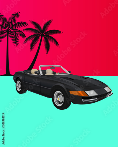 Retro 80s Neon Poster Art: Classic Black Convertible Sports Car and Palm Trees on a Vibrant Pink and Teal Background