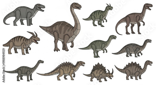 Collection of Various Dinosaur Illustrations on White Background.