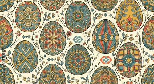 Traditional Ukrainian Pysanky Easter Eggs with Intricate Folk Art Patterns.