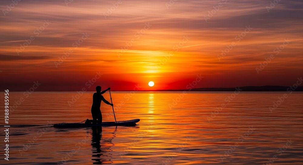 © Ilham - Silhouette paddleboarder on water at sunset peaceful scene copy space