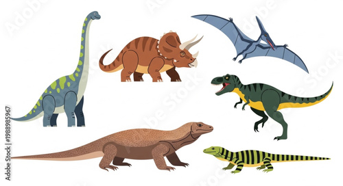 Collection of diverse prehistoric dinosaurs and reptiles illustration.