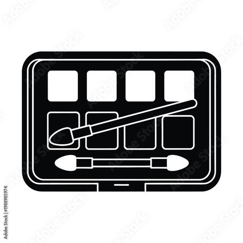 Black and white icon of an eyeshadow palette with multiple square pans and two applicator brushes.