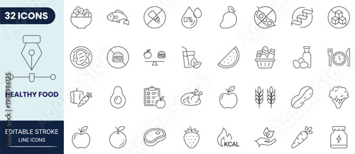 Healthy food icon set in outline style. Icons for mobile app and web. Editable stroke. Vector icon collection.
