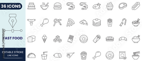 Fast food icon set in outline style. Icons for mobile app and web. Editable stroke. Vector icon collection.