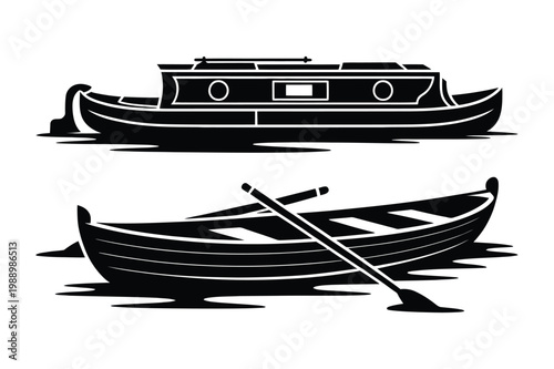 Different types of boats: a canal boat and a rowboat with oars, transport