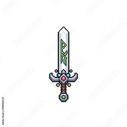 A detailed pixel art illustration of a magical enchanted sword featuring glowing green runes on its blade and colorful gemstone accents.